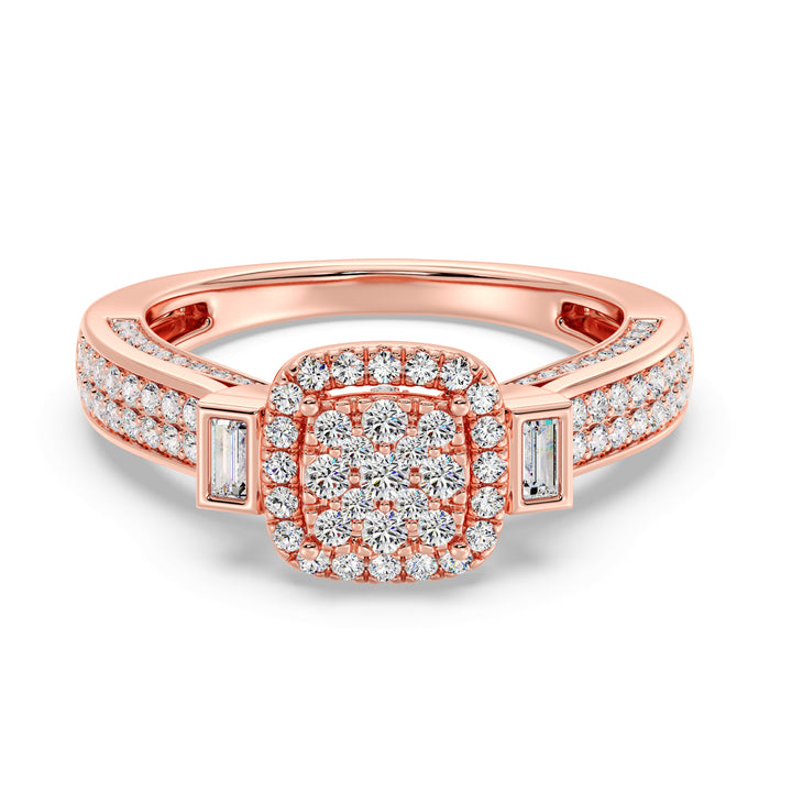 0.84 CTTW Round and Baguette EF-VS Lab-Grown Diamond Square Cluster Halo Engagement Ring in 18K Rose Gold, featuring 117 diamonds with EF color and VS clarity