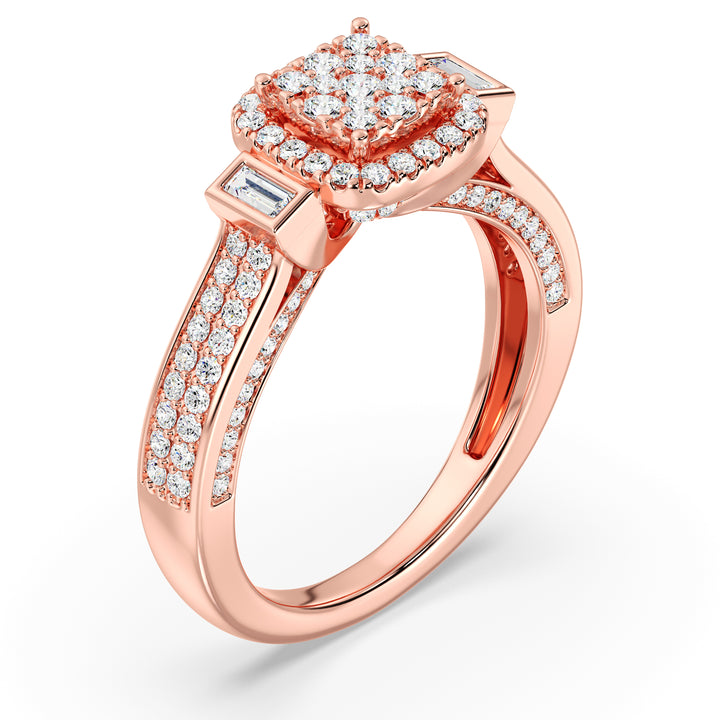 0.84 CTTW Round and Baguette EF-VS Lab-Grown Diamond Square Cluster Halo Engagement Ring in 18K Rose Gold, featuring 117 diamonds with EF color and VS clarity