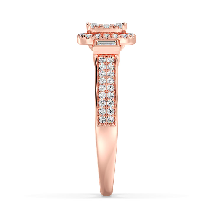 0.84 CTTW Round and Baguette EF-VS Lab-Grown Diamond Square Cluster Halo Engagement Ring in 18K Rose Gold, featuring 117 diamonds with EF color and VS clarity