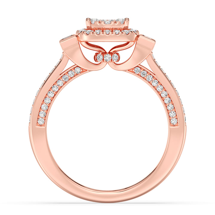 0.84 CTTW Round and Baguette EF-VS Lab-Grown Diamond Square Cluster Halo Engagement Ring in 18K Rose Gold, featuring 117 diamonds with EF color and VS clarity