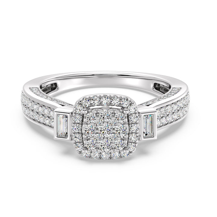 0.84 CTTW Round and Baguette EF-VS Lab-Grown Diamond Square Cluster Halo Engagement Ring in 18K White Gold, highlighting 117 lab-grown diamonds with EF color and VS clarity