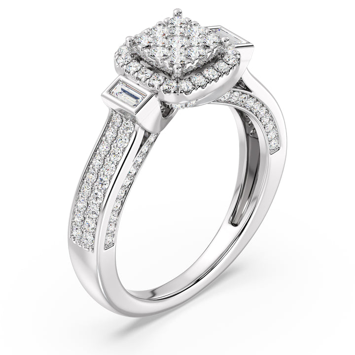 0.84 CTTW Round and Baguette EF-VS Lab-Grown Diamond Square Cluster Halo Engagement Ring in 18K White Gold, highlighting 117 lab-grown diamonds with EF color and VS clarity