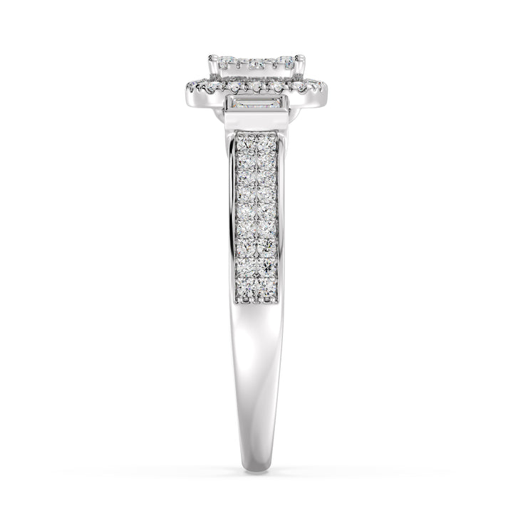 0.84 CTTW Round and Baguette EF-VS Lab-Grown Diamond Square Cluster Halo Engagement Ring in 18K White Gold, highlighting 117 lab-grown diamonds with EF color and VS clarity