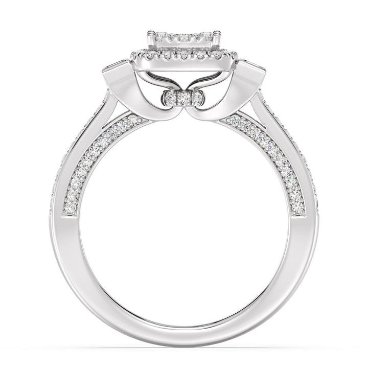 0.84 CTTW Round and Baguette EF-VS Lab-Grown Diamond Square Cluster Halo Engagement Ring in 18K White Gold, highlighting 117 lab-grown diamonds with EF color and VS clarity