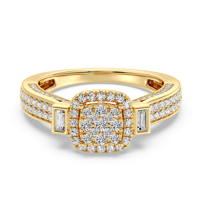 0.84 CTTW Round and Baguette EF-VS Lab-Grown Diamond Square Cluster Halo Engagement Ring in 18K Yellow Gold, showcasing 117 lab-grown diamonds with EF color and VS clarity
