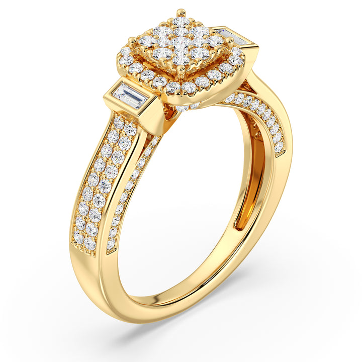 0.84 CTTW Round and Baguette EF-VS Lab-Grown Diamond Square Cluster Halo Engagement Ring in 18K Yellow Gold, showcasing 117 lab-grown diamonds with EF color and VS clarity