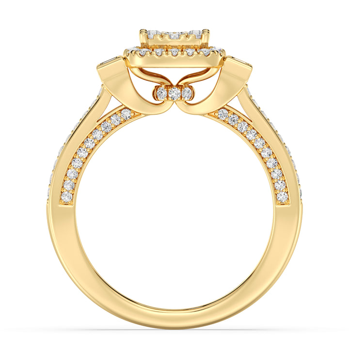 0.84 CTTW Round and Baguette EF-VS Lab-Grown Diamond Square Cluster Halo Engagement Ring in 18K Yellow Gold, showcasing 117 lab-grown diamonds with EF color and VS clarity