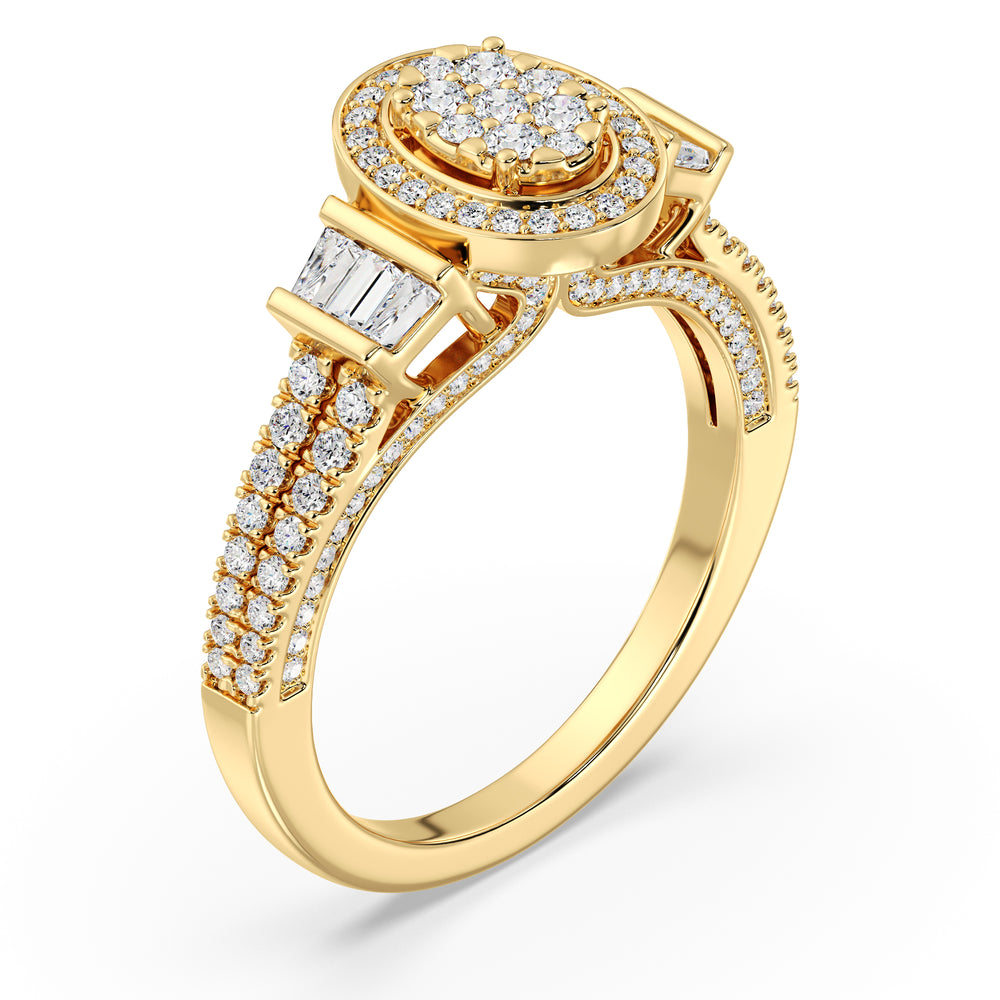 0.96 CTW Oval Halo Engagement Ring with Round and Tapered Baguette EF-VS Lab-Grown Diamonds set in Yellow Gold