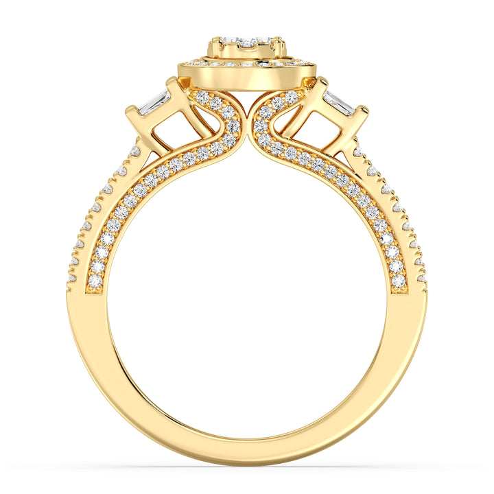 0.96 CTW Oval Halo Engagement Ring with Round and Tapered Baguette EF-VS Lab-Grown Diamonds set in Yellow Gold