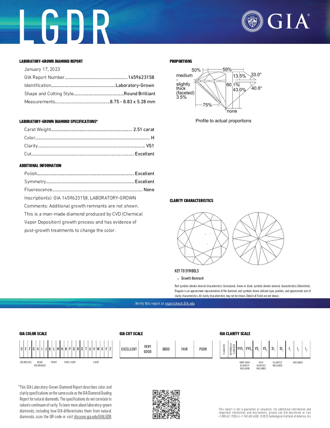 2.51 Carat Round Lab Grown Diamond, VS1/H