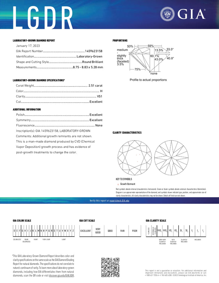 2.51 Carat Round Lab Grown Diamond, VS1/H