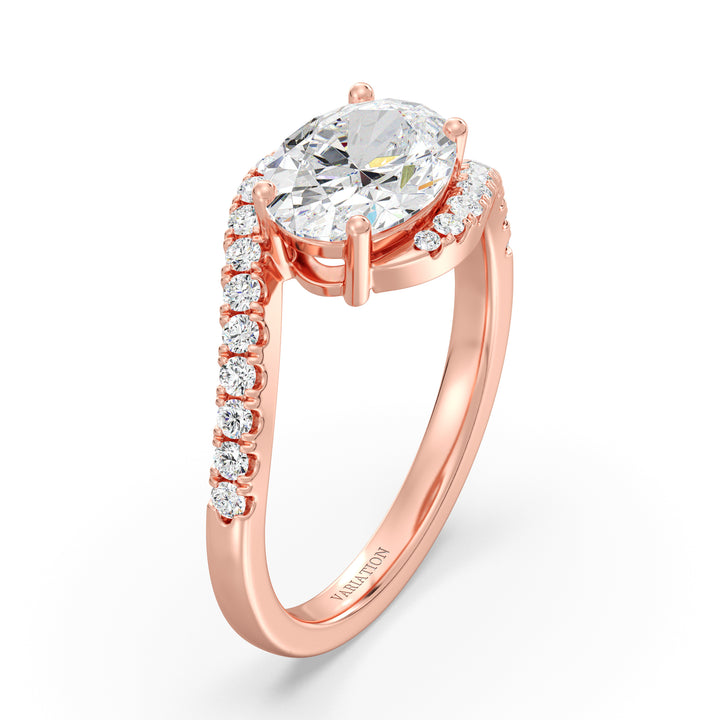 18K Rose Gold Oval Lab-Grown Diamond Bypass Pavé Engagement Ring – Elegant 1.50ct EF/VS Oval-Cut Diamond with Round Pavé-Set Accents on a Modern Twisted Band