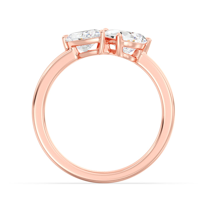 18K Rose Gold Toi et Moi Double Pear Diamond Engagement Ring with two pear-cut lab-grown diamonds (1.25ct and 0.75ct), set in a romantic prong setting on a warm rose gold band, representing eternal love.