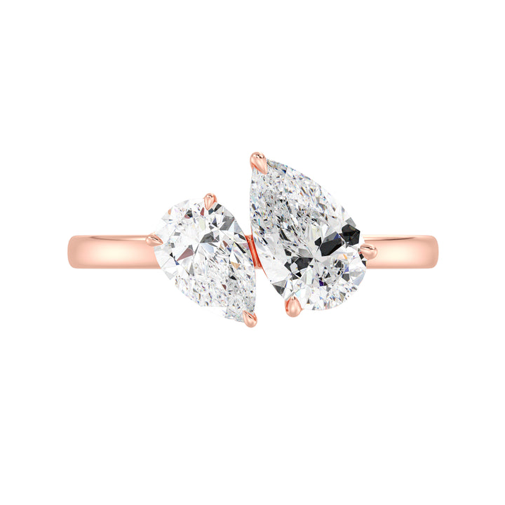 18K Rose Gold Toi et Moi Double Pear Diamond Engagement Ring with two pear-cut lab-grown diamonds (1.25ct and 0.75ct), set in a romantic prong setting on a warm rose gold band, representing eternal love.
