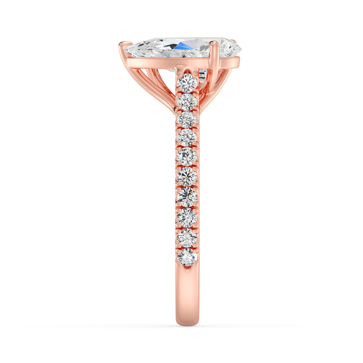 18K Rose Gold Toi et Moi Engagement Ring featuring a 1.50ct Pear-Cut and 1.00ct Heart-Shaped Lab-Grown Diamond, set in a classic prong setting with a pavé diamond band. A timeless and elegant symbol of love in warm rose gold