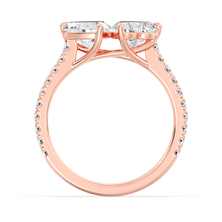 18K Rose Gold Toi et Moi Heart-Cut Diamond Engagement Ring with two 1.0ct EF/VS heart-cut lab-grown diamonds set in a classic prong setting. The pavé band sparkles with 20 round-cut lab-grown diamonds (0.36ct total), adding elegance to this romantic two-stone ring