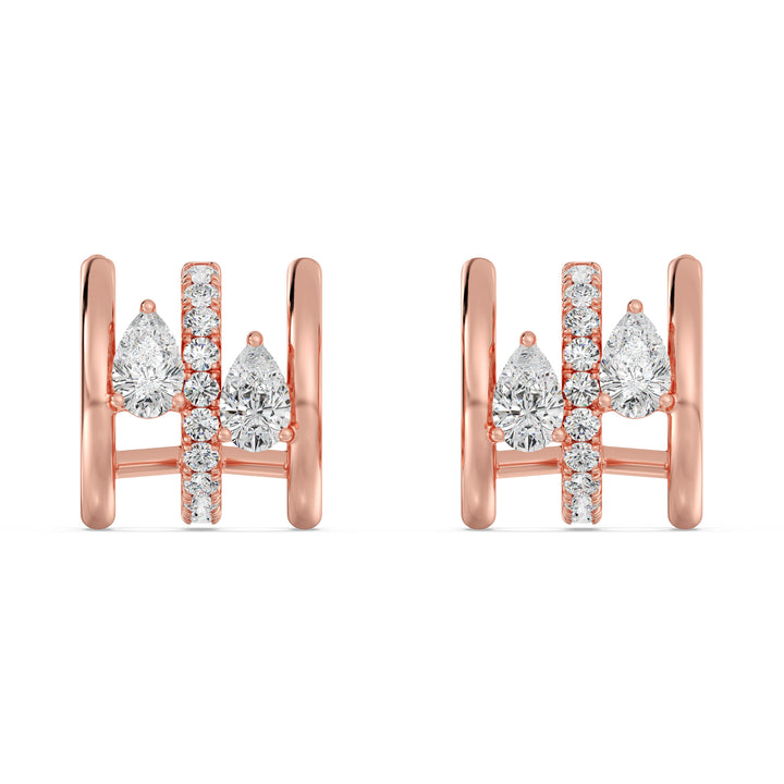 18K Rose Gold Triple Hoop Huggie Earrings embellished with lab-grown diamonds, showcasing a blend of round and pear-cut stones in a unique triple hoop design