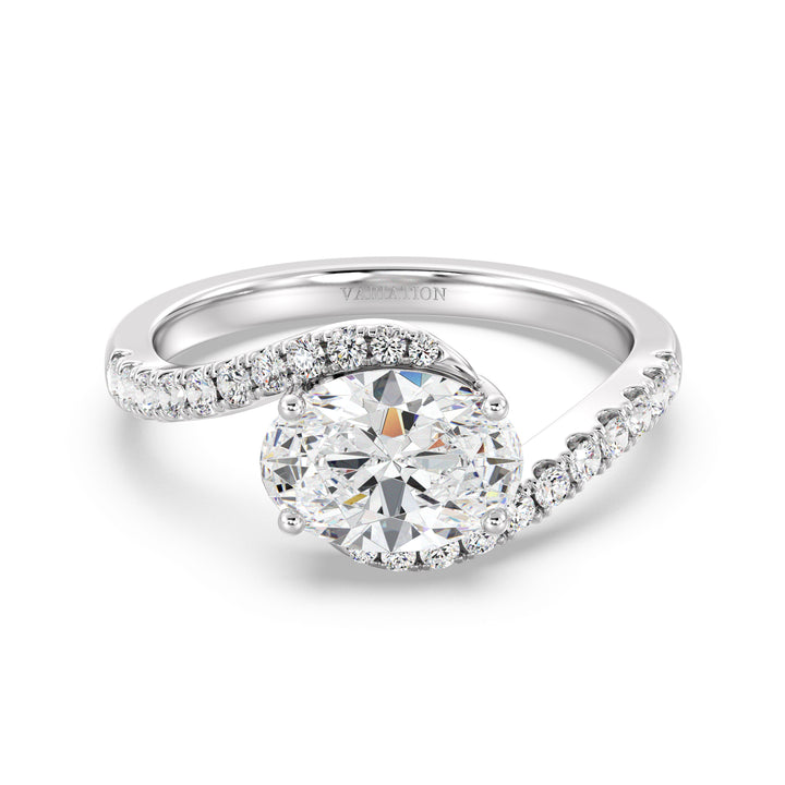 18K White Gold Oval Lab-Grown Diamond Bypass Pavé Engagement Ring – 1.50ct EF/VS Oval-Cut Center Stone with 22 Round Pavé Diamonds in a Contemporary Twisted Setting