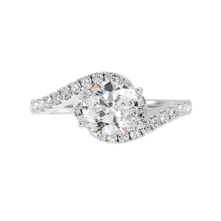 18K White Gold Oval Lab-Grown Diamond Bypass Pavé Engagement Ring – 1.50ct EF/VS Oval-Cut Center Stone with 22 Round Pavé Diamonds in a Contemporary Twisted Setting