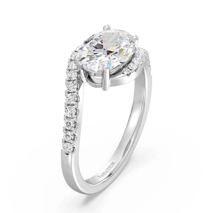 18K White Gold Oval Lab-Grown Diamond Bypass Pavé Engagement Ring – 1.50ct EF/VS Oval-Cut Center Stone with 22 Round Pavé Diamonds in a Contemporary Twisted Setting