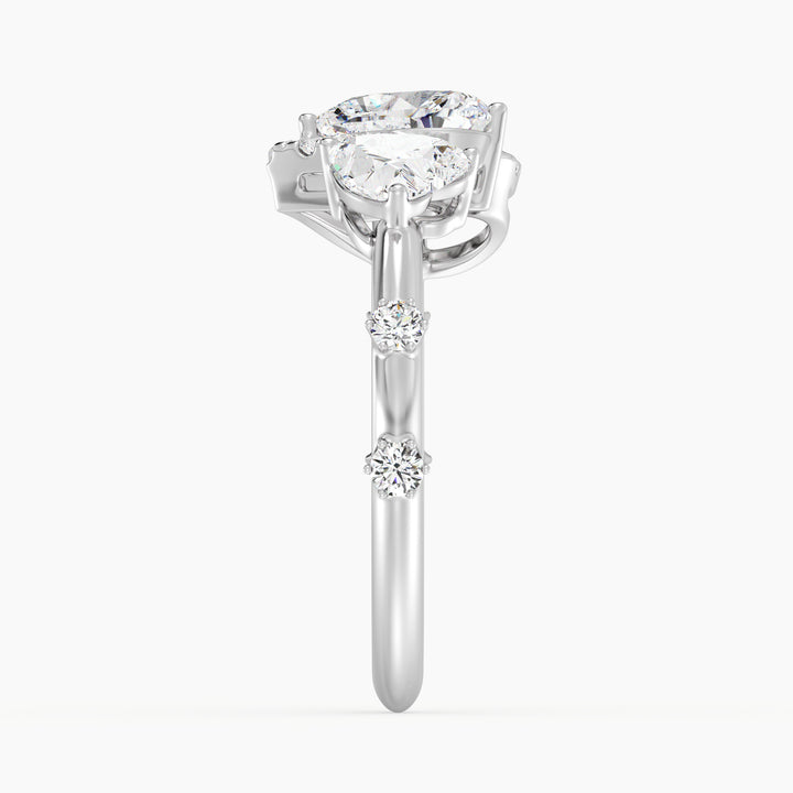 18K White Gold Toi et Moi Double Heart Diamond Engagement Open Cuff Ring adorned with a 1.00ct and 0.50ct heart-cut lab-grown diamond and 17 round accent diamonds (0.26ct total), in a sleek white gold prong setting