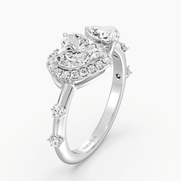 18K White Gold Toi et Moi Double Heart Diamond Engagement Open Cuff Ring adorned with a 1.00ct and 0.50ct heart-cut lab-grown diamond and 17 round accent diamonds (0.26ct total), in a sleek white gold prong setting
