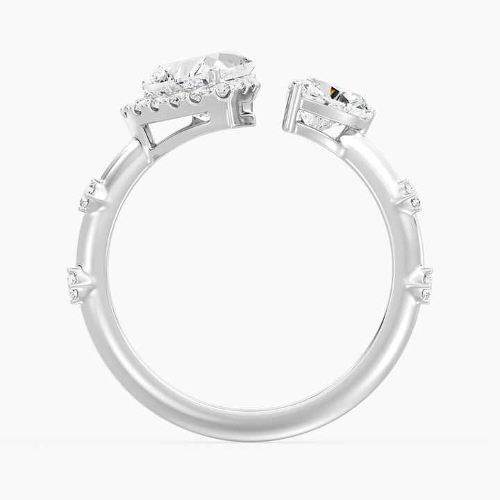 18K White Gold Toi et Moi Double Heart Diamond Engagement Open Cuff Ring adorned with a 1.00ct and 0.50ct heart-cut lab-grown diamond and 17 round accent diamonds (0.26ct total), in a sleek white gold prong setting