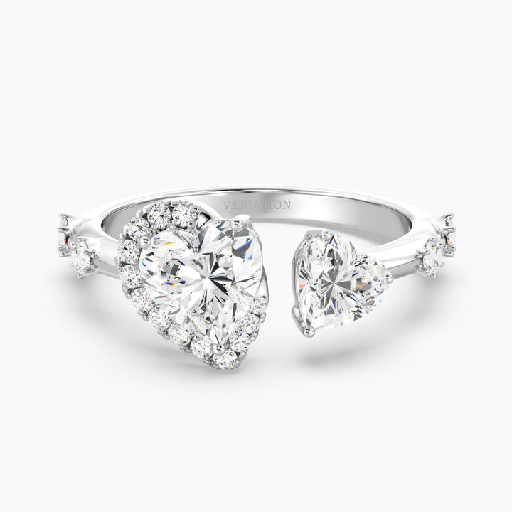 18K White Gold Toi et Moi Double Heart Diamond Engagement Open Cuff Ring adorned with a 1.00ct and 0.50ct heart-cut lab-grown diamond and 17 round accent diamonds (0.26ct total), in a sleek white gold prong setting