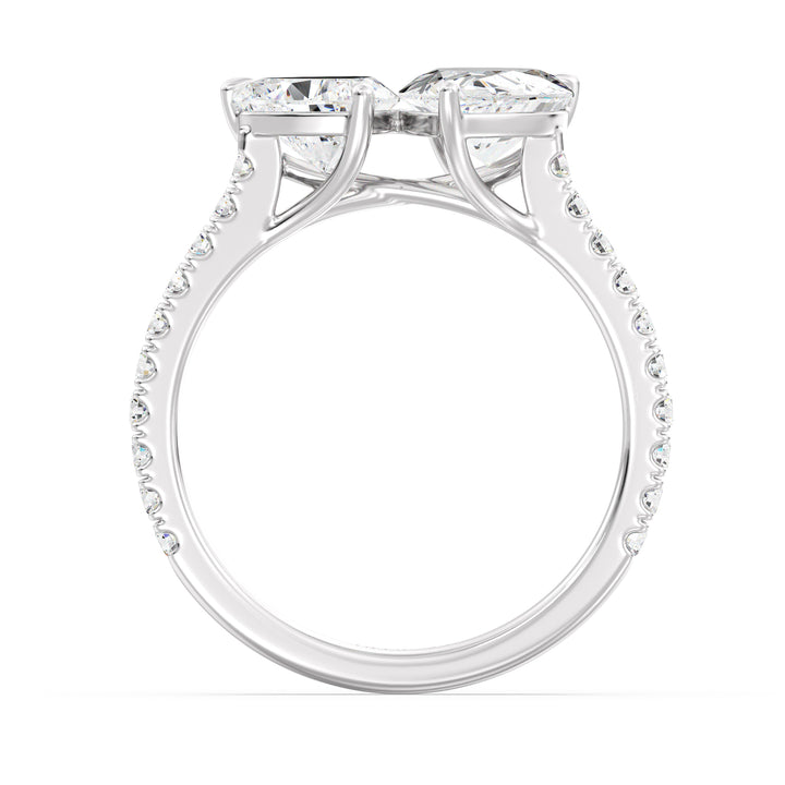18K White Gold Toi et Moi Engagement Ring showcasing a 1.50ct Pear-Cut and 1.00ct Heart-Shaped Lab-Grown Diamond, enhanced by a pavé band with 20 round-cut diamonds (0.36ct total). A sophisticated two-stone ring in luminous white gold