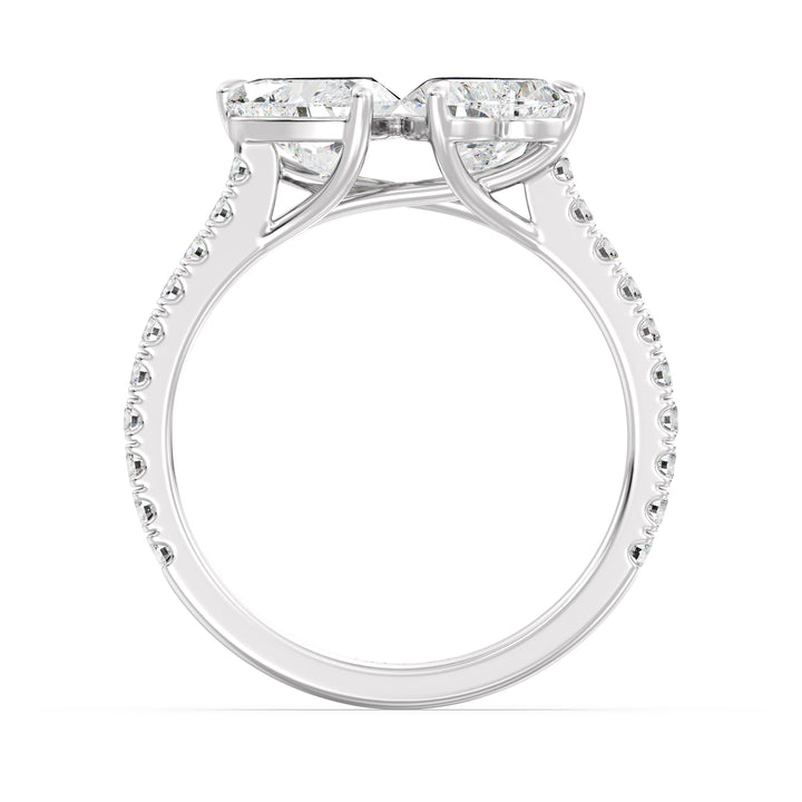 18K White Gold Toi et Moi Heart-Cut Diamond Engagement Ring showcasing two 1.0ct EF/VS heart-cut lab-grown diamonds in a prong setting. The pavé band, set with 20 round-cut lab-grown diamonds (0.36ct total), enhances the brilliance of this sophisticated two-stone ring