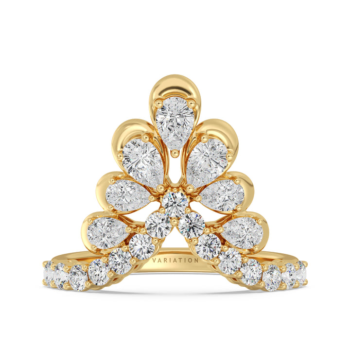 18K Yellow Gold Blooming Floret Cather Ring with Lab-Grown Diamonds – Featuring 7 Pear-Cut and 15 Round-Cut Diamonds, 1.45 Carat Total Weight