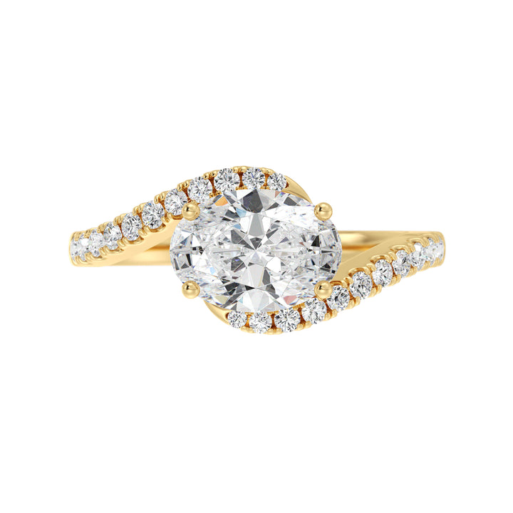 18K Yellow Gold Oval Lab-Grown Diamond Bypass Pavé Engagement Ring – 1.50ct EF/VS Oval-Cut Diamond with 22 Round Pavé Diamonds on a Twisted Band