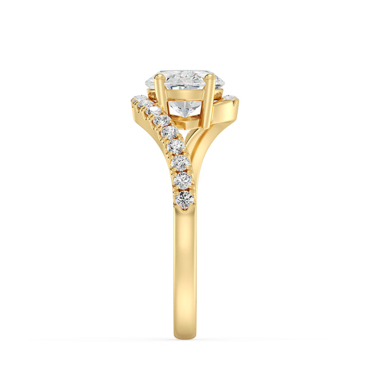 18K Yellow Gold Oval Lab-Grown Diamond Bypass Pavé Engagement Ring – 1.50ct EF/VS Oval-Cut Diamond with 22 Round Pavé Diamonds on a Twisted Band