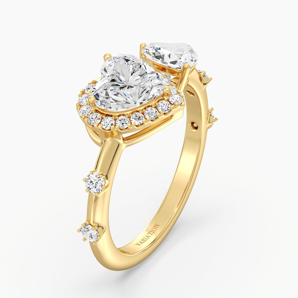 18K Yellow Gold Toi et Moi Double Heart Diamond Engagement Open Cuff Ring featuring a 1.00ct and 0.50ct heart-cut lab-grown diamond with 17 round accent diamonds (0.26ct total), set in a classic prong setting