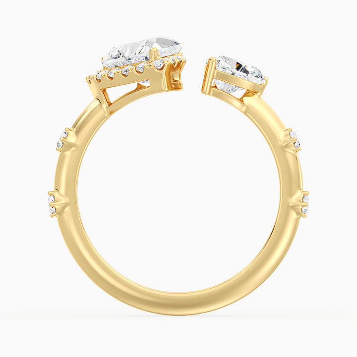 18K Yellow Gold Toi et Moi Double Heart Diamond Engagement Open Cuff Ring featuring a 1.00ct and 0.50ct heart-cut lab-grown diamond with 17 round accent diamonds (0.26ct total), set in a classic prong setting