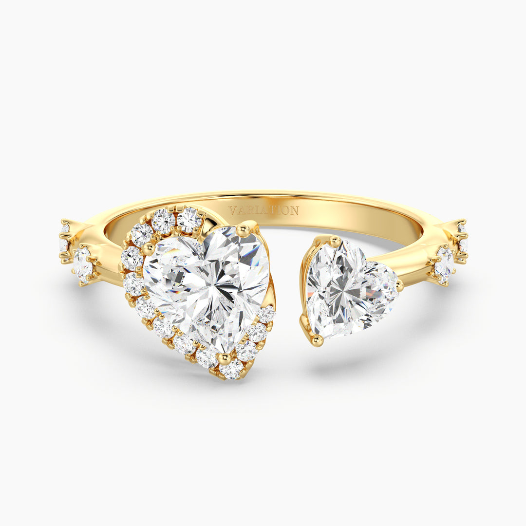 18K Yellow Gold Toi et Moi Double Heart Diamond Engagement Open Cuff Ring featuring a 1.00ct and 0.50ct heart-cut lab-grown diamond with 17 round accent diamonds (0.26ct total), set in a classic prong setting