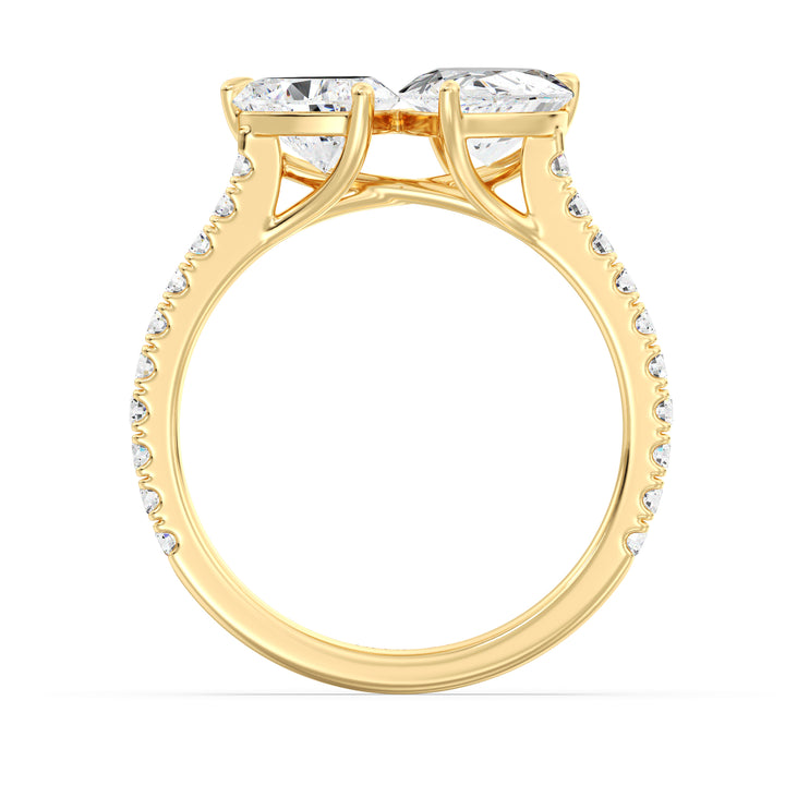 18K Yellow Gold Toi et Moi Engagement Ring with a 1.50ct Pear-Cut and 1.00ct Heart-Shaped Lab-Grown Diamond, accented by a pavé band with 20 round-cut diamonds (0.36ct total). A romantic two-stone design symbolizing love and unity