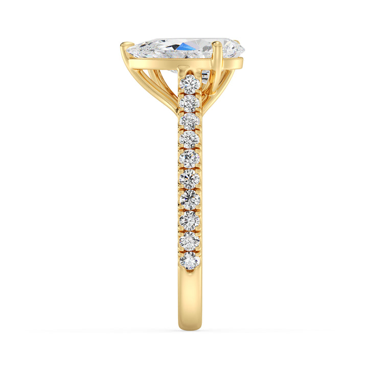 18K Yellow Gold Toi et Moi Engagement Ring with a 1.50ct Pear-Cut and 1.00ct Heart-Shaped Lab-Grown Diamond, accented by a pavé band with 20 round-cut diamonds (0.36ct total). A romantic two-stone design symbolizing love and unity