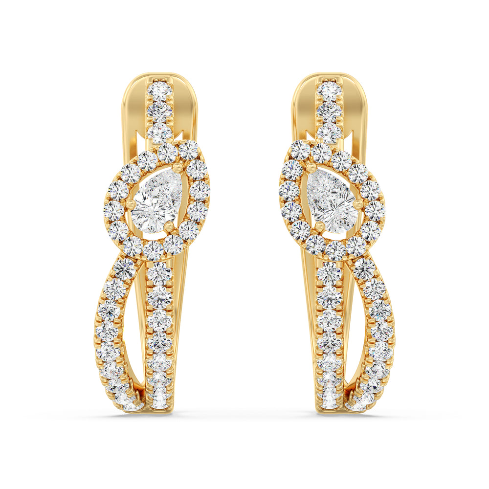 18K Yellow Gold Twisted Hoop Earrings with Pear-Shaped Lab-Grown Diamonds, featuring a mix of round and pear-cut diamonds in an elegant design