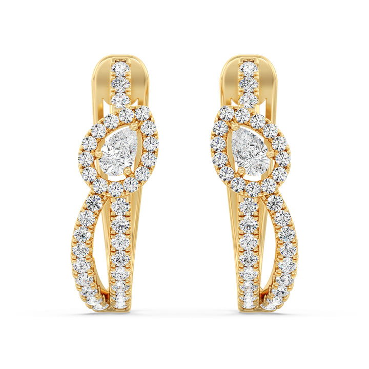 18K Yellow Gold Twisted Hoop Earrings with Pear-Shaped Lab-Grown Diamonds, featuring a mix of round and pear-cut diamonds in an elegant design