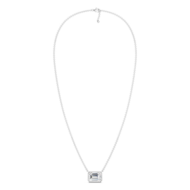 2 Carat Lab-Grown Emerald-Cut Diamond Bezel-Set Solitaire Pendant Necklace in 18K White Gold, highlighting a brilliant E/VS emerald-cut diamond in a contemporary bezel setting with a polished white gold chain.
