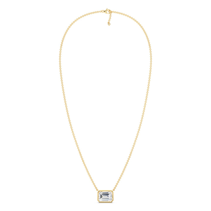 2 Carat Lab-Grown Emerald-Cut Diamond Bezel-Set Solitaire Pendant Necklace in 18K Yellow Gold, showcasing a sparkling E/VS emerald-cut diamond in a sleek bezel setting with a classic yellow gold chain.