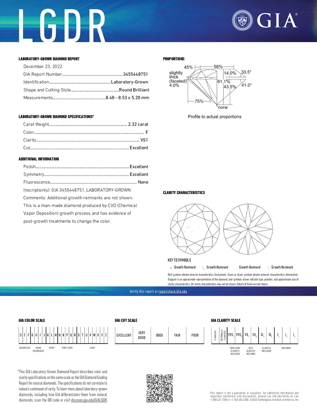 2.32 Carat Round Lab Grown Diamond, VS1/F