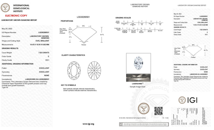 IGI Certified 7.02 CT Oval Cut Lab-Grown Diamond - VS1 Clarity, E Color
