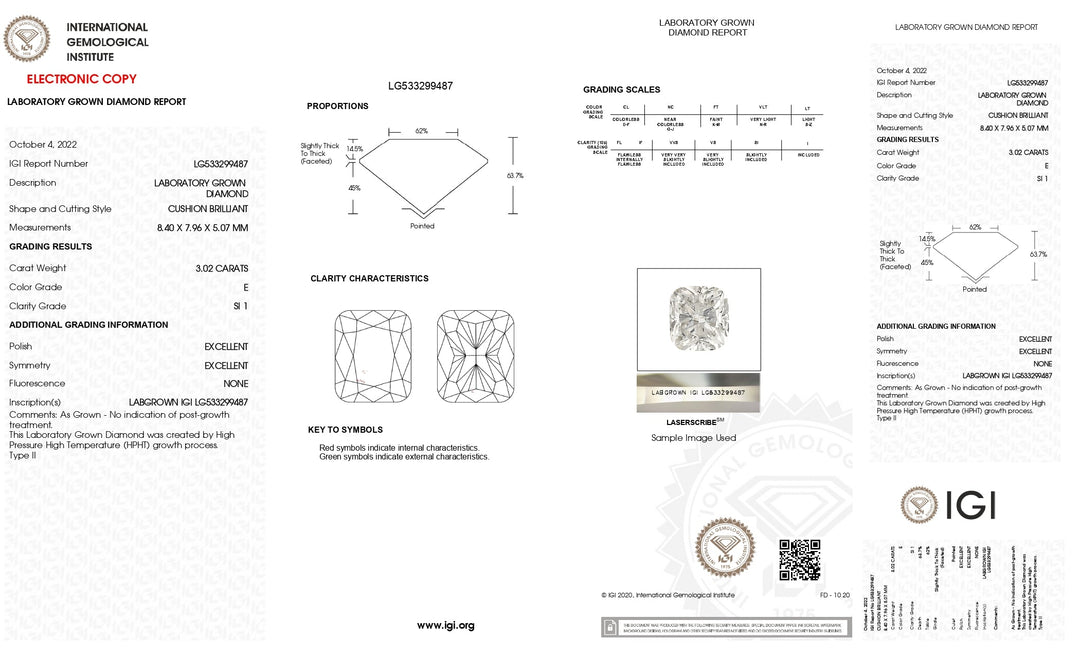 IGI Certified 3.02 CT CUSHION CUSH CUST BALLAND -CLARTY - SI1 Clarity ، E Color