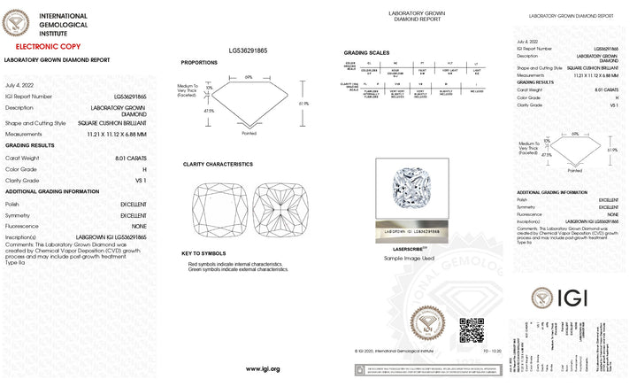 Hieno 8,01 ct tyynyleikkaus laboratoriokasvatettu timantti: IGI-sertifioitu, VS1 Clarity, H Colour