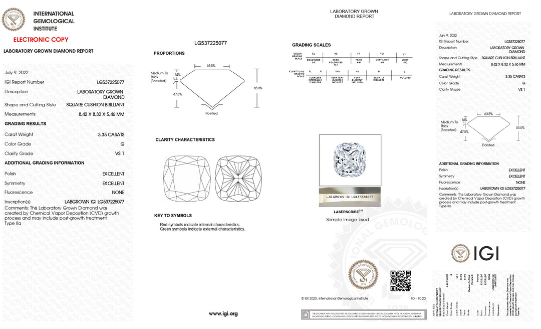 3.35 Carat Cushion Lab Grown Diamond, VS1/G
