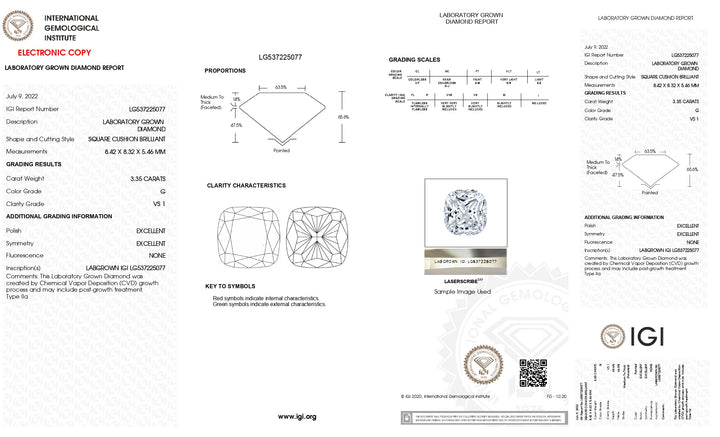 3.35 Carat Cushion Lab Grown Diamond, VS1/G