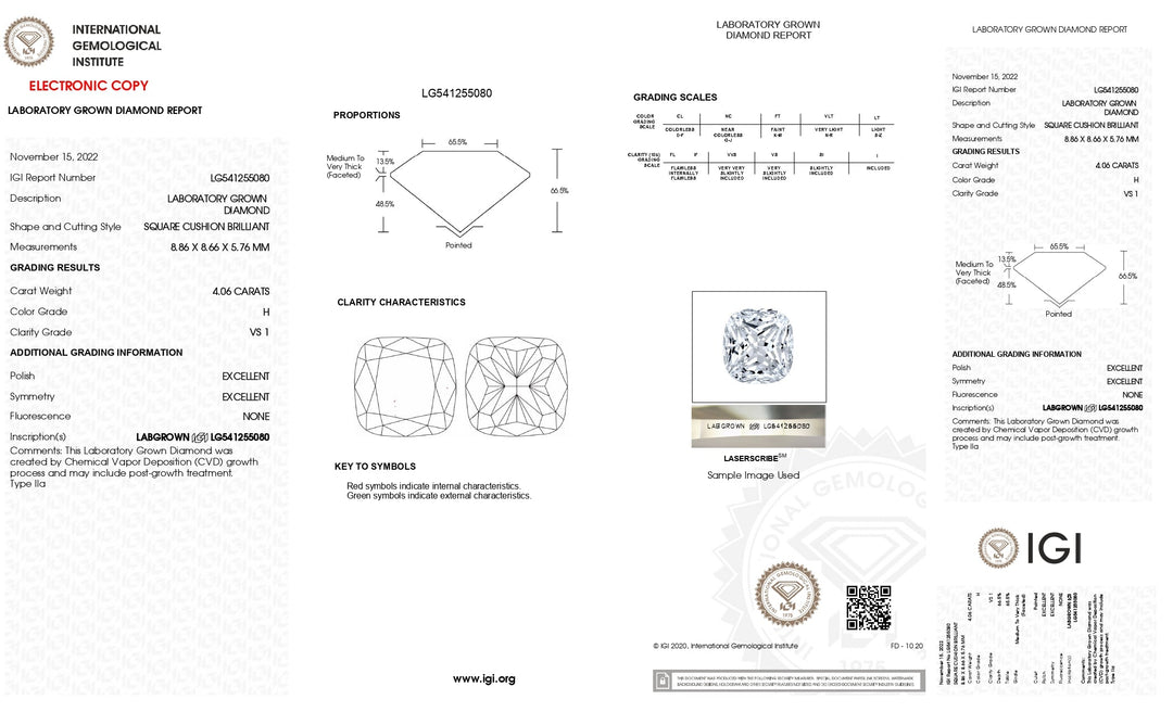 IGI certifié 4,06 ct coussin coupé en laboratoire diamant - VS1 Clarity, H Couleur