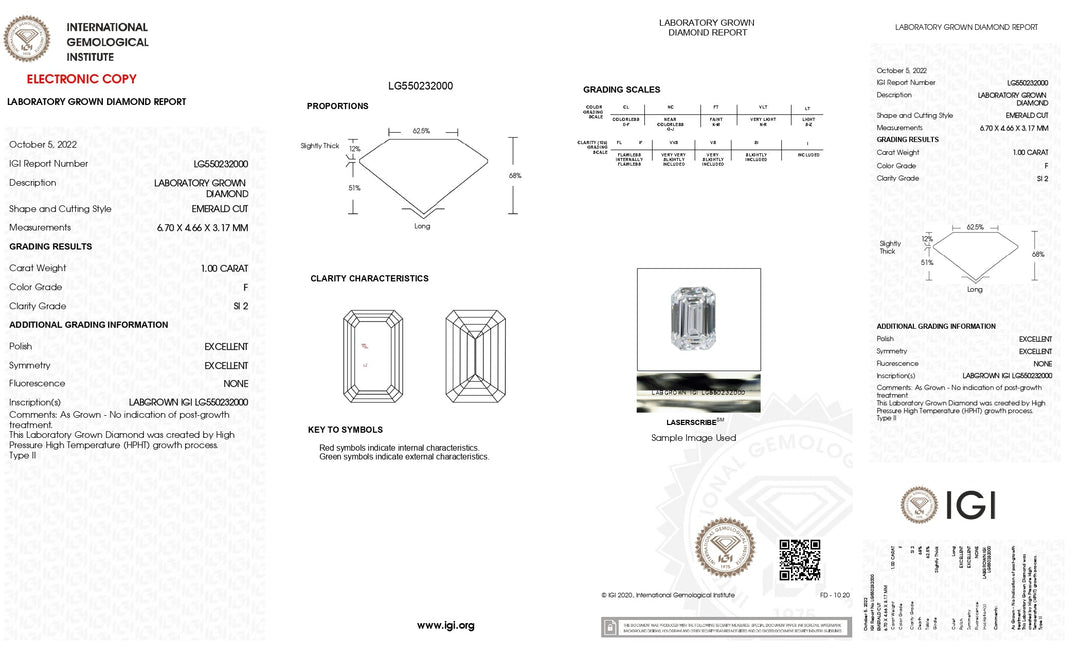 IGI Certified 0.50 CT Emerald Cut Lab-Grown Diamond - F Color, SI2 Clarity